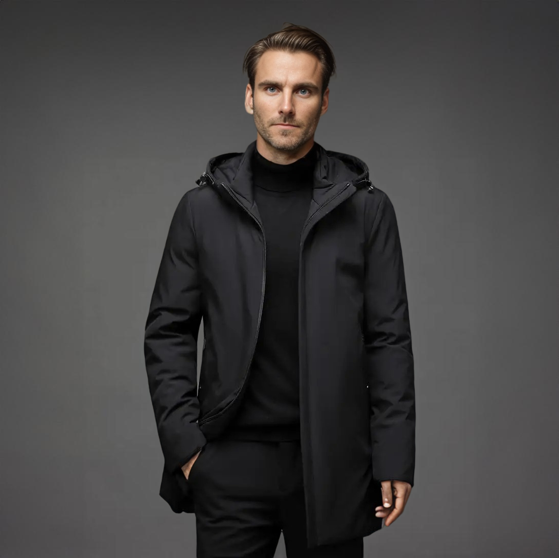 Winterjacke - wattiertes Futter - Kapuze - winddichte Jacke - Herrenmantel-Schwarz-S-Chaps Herrenmode