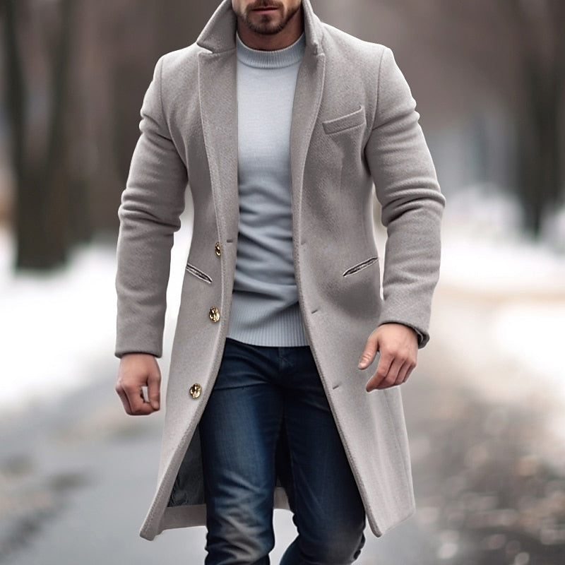 Herren Trenchcoat Lang Wollig Winter Schwarz - BerlinGlamour