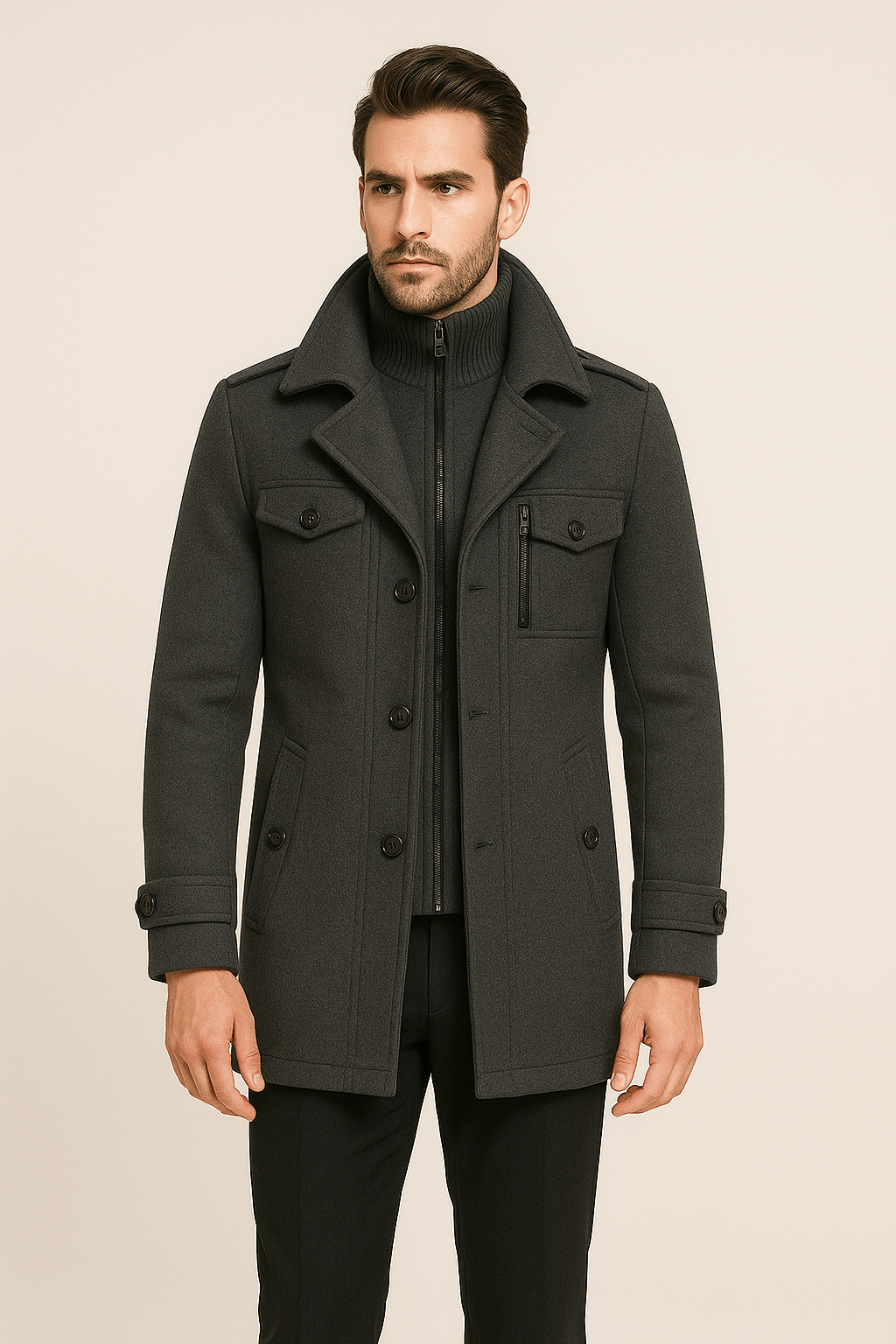 Herren Winterjacke Doppellagig Wollmantel Schwarz - BerlinGlamour