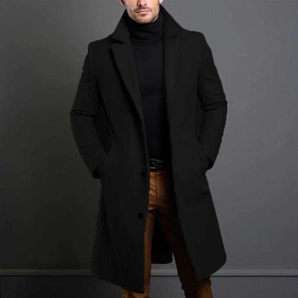 Wollmantel – Einreihiger Winter-Trenchcoat für Herren-Schwarz-S-Chaps Herrenmode