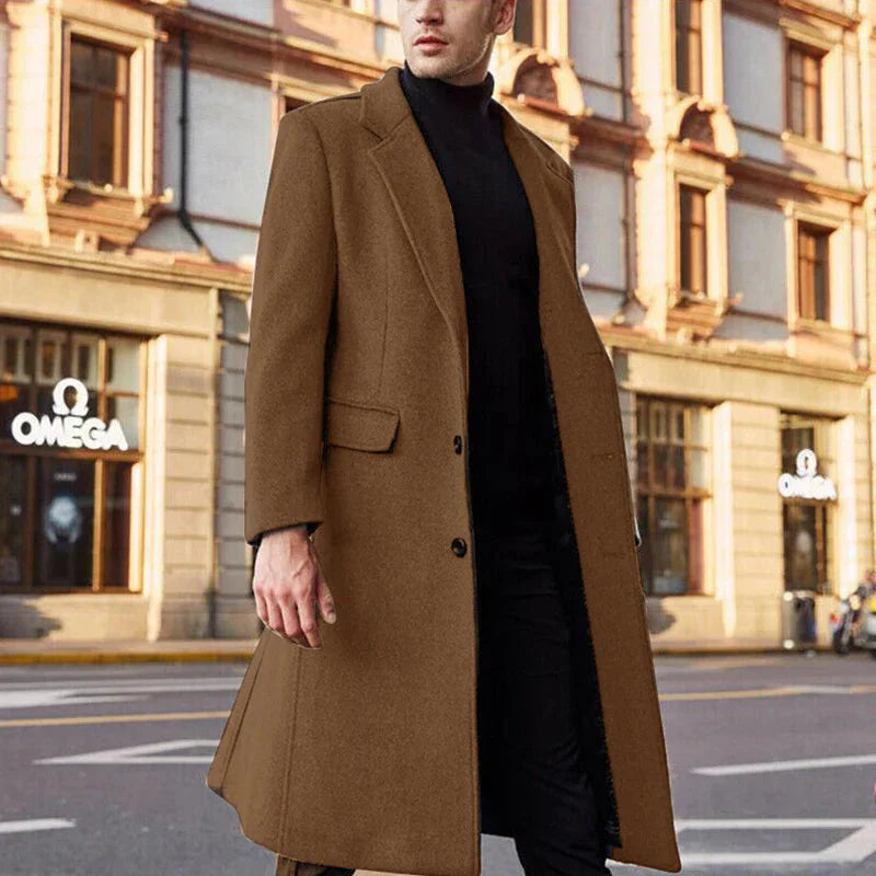 Wollmantel - Klassischer langer einreihiger Wintermantel für Männer-Braun-S-Chaps Herrenmode