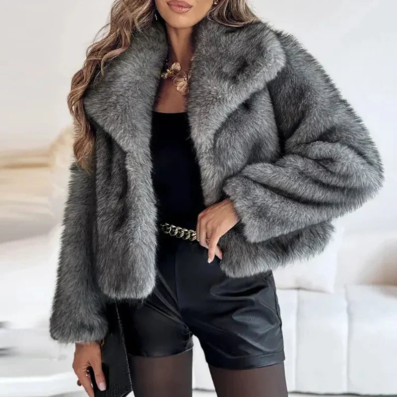 Damen Kurze Winterjacke Kunstfell Warm Modern