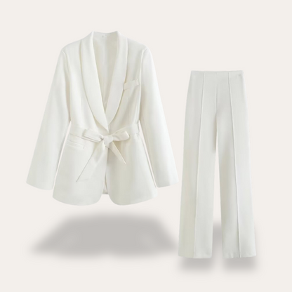 Damen Blazer Set mit Gürtel und Weitbein Hose Zweiteiler