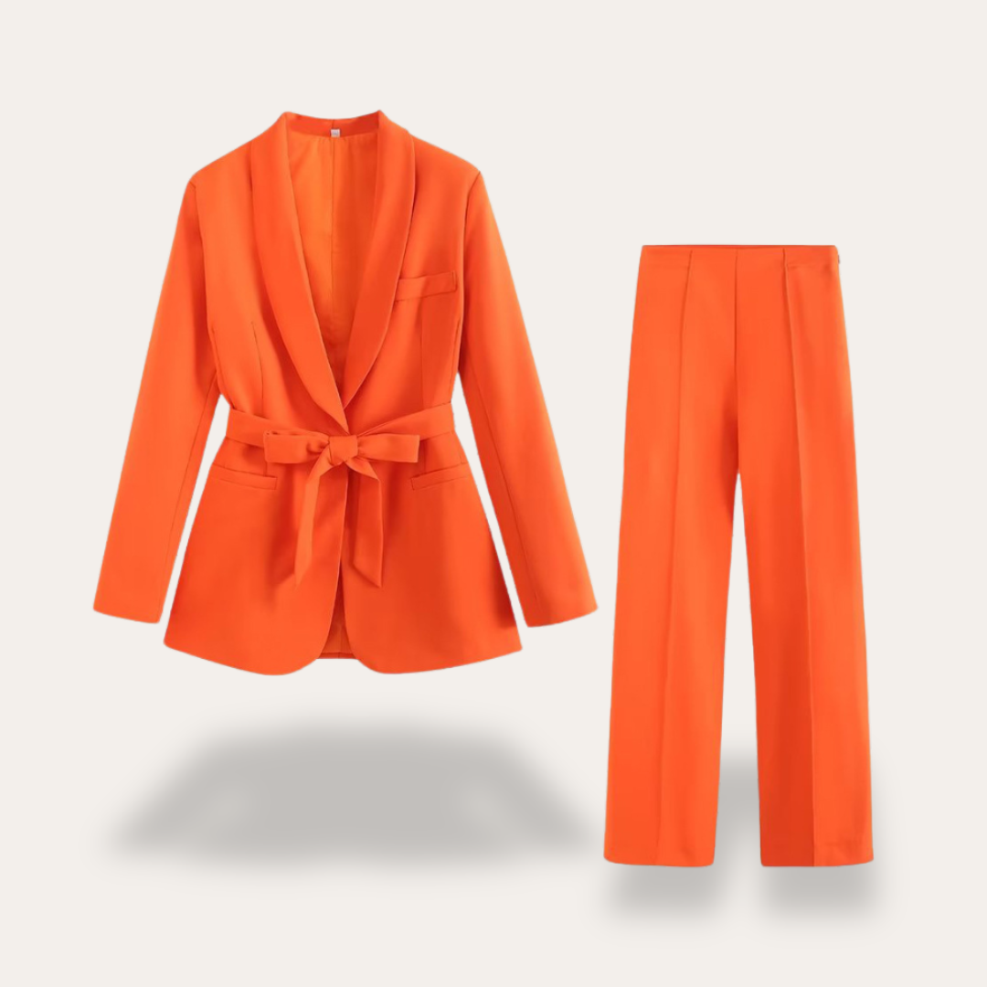 Damen Blazer Set mit Gürtel und Weitbein Hose Zweiteiler