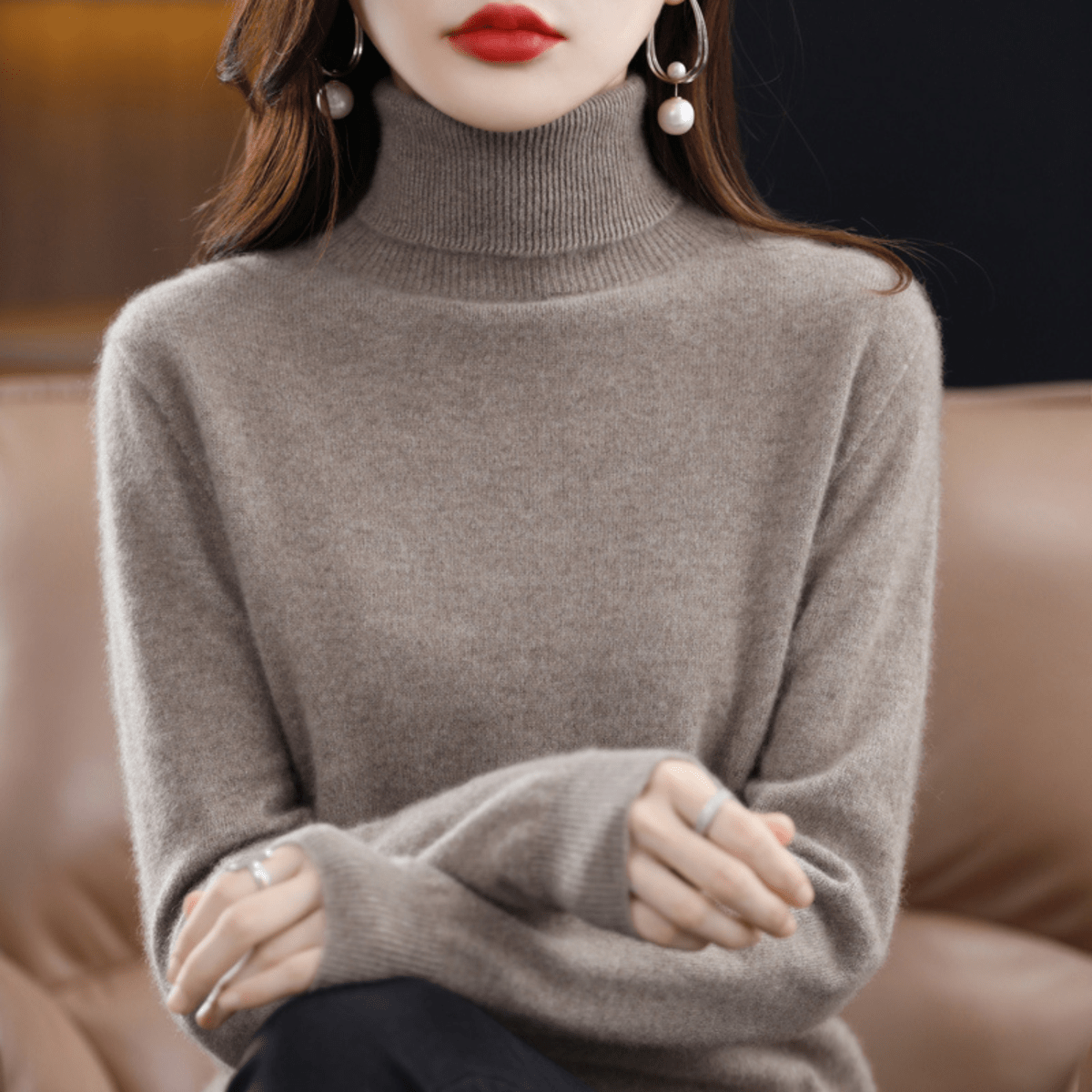 Damen Strickpullover Klassisch Warm Rollkragen