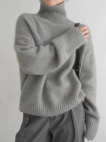 Damen Pullover Bequem Strick Hochkragen Warm