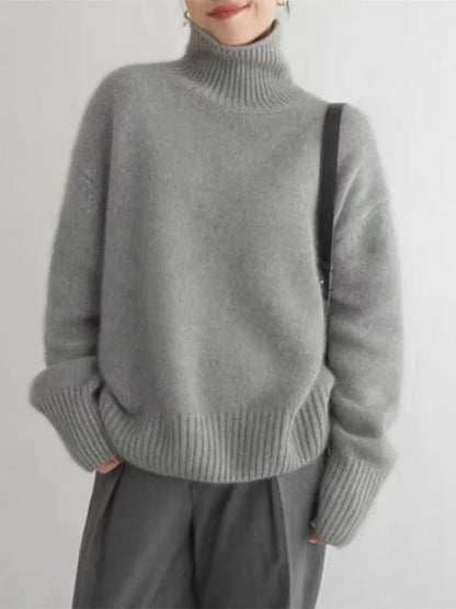 Damen Pullover Bequem Strick Hochkragen Warm