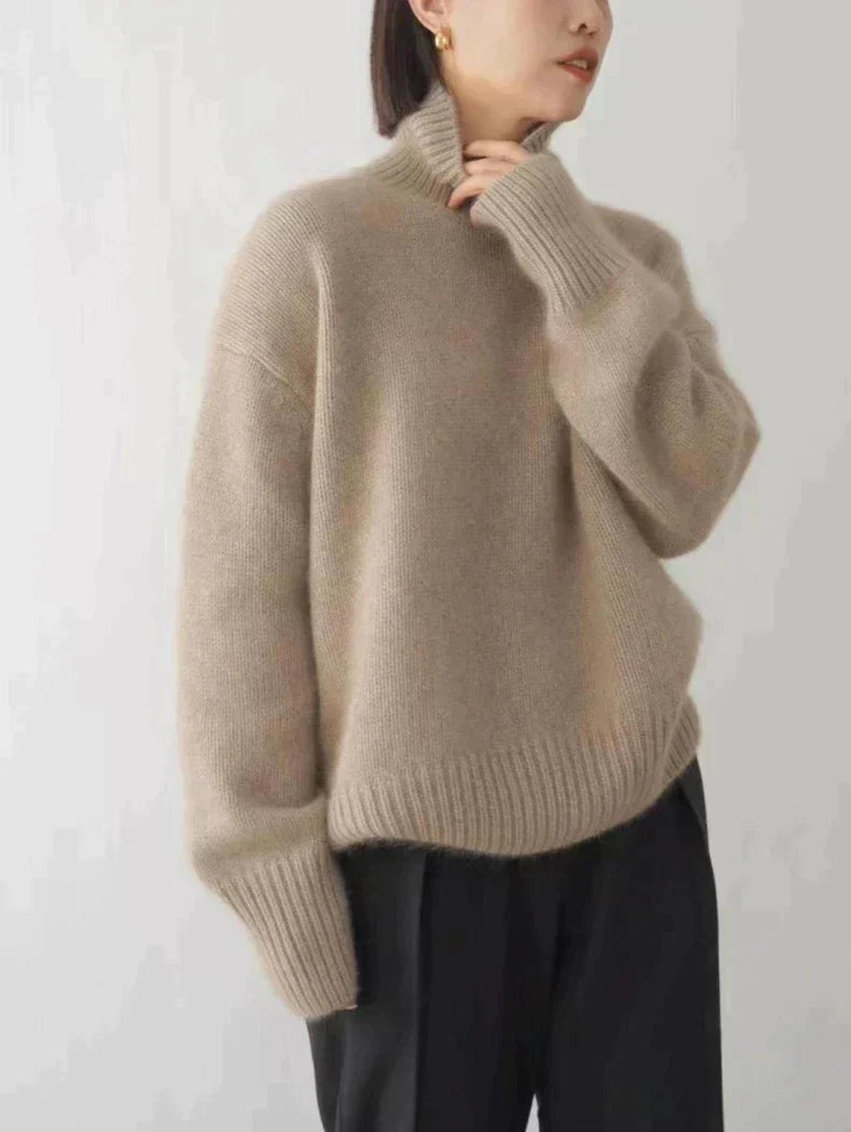 Damen Pullover Bequem Strick Hochkragen Warm
