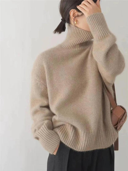 Damen Pullover Bequem Strick Hochkragen Warm