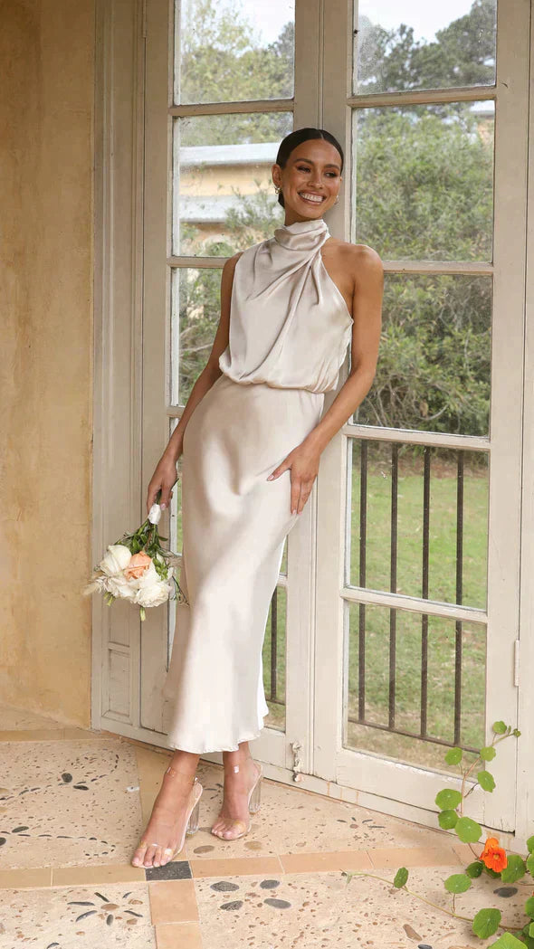 Damenkleid Midi Elegantes Neckholder Kleid mit Drapierung - BerlinGlamour