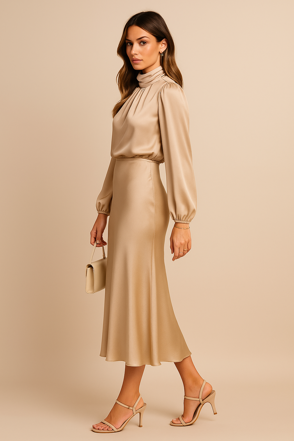 Damen Langarm Midikleid Hochhalter Schnitt