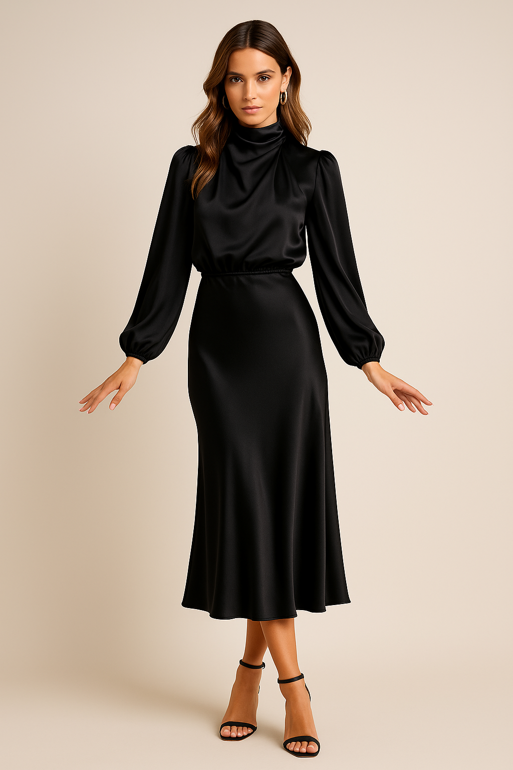 Damen Langarm Midikleid Hochhalter Schnitt