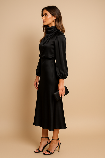 Damen Langarm Midikleid Hochhalter Schnitt