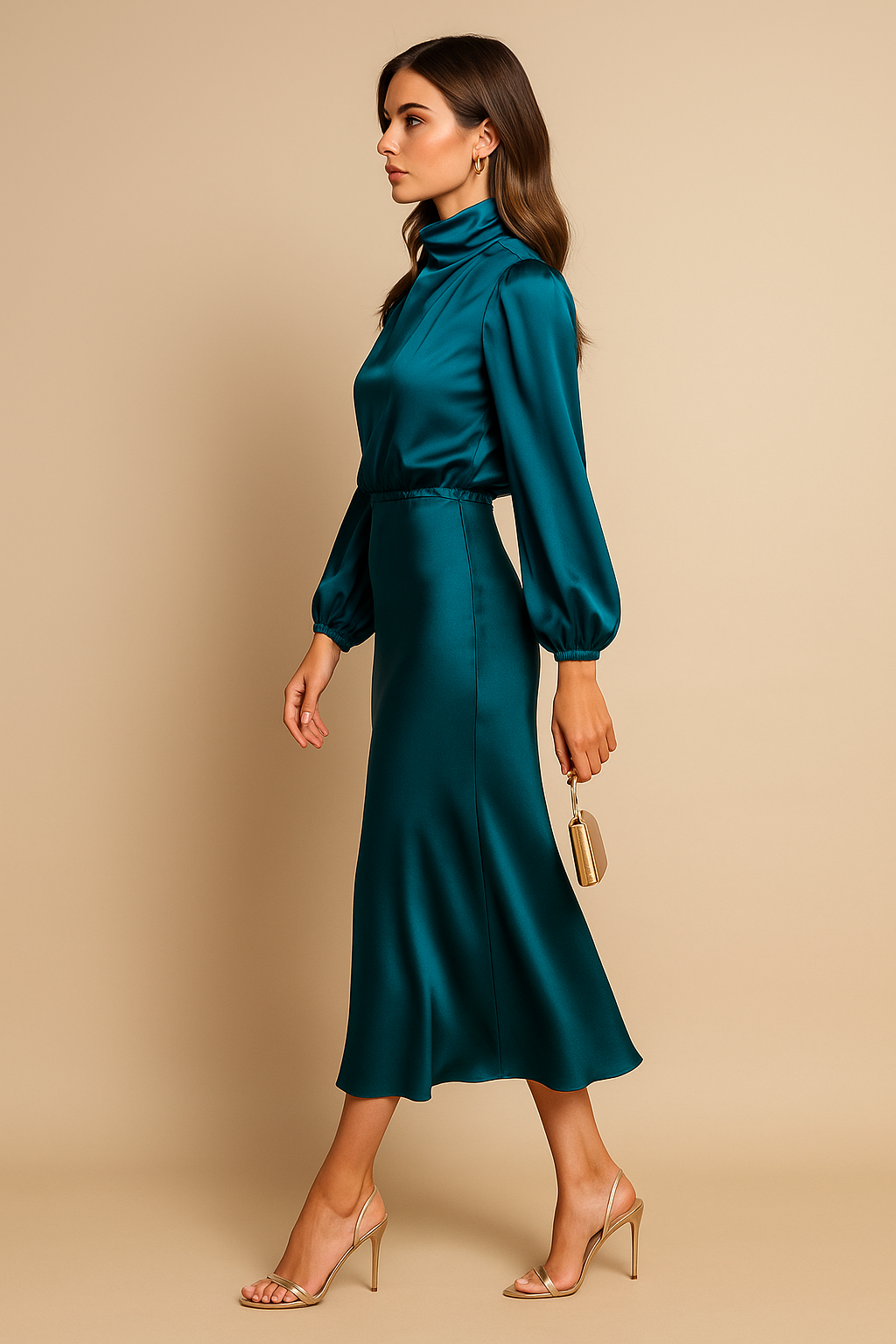 Damen Langarm Midikleid Hochhalter Schnitt