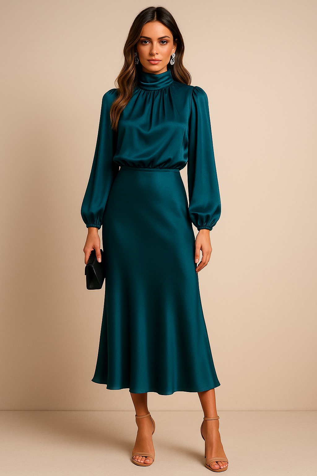 Damen Langarm Midikleid Hochhalter Schnitt
