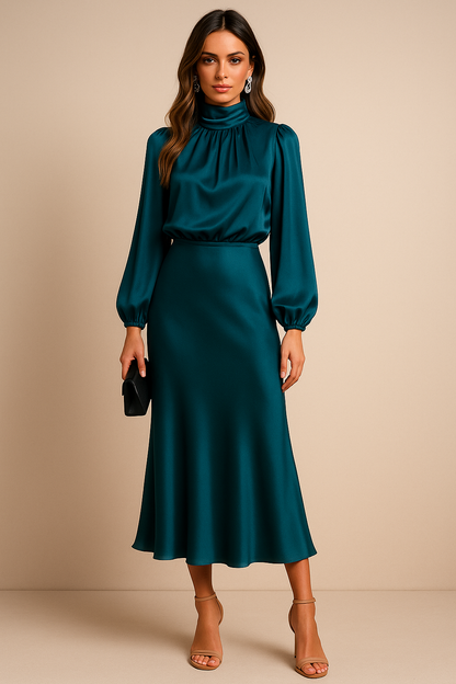 Damen Langarm Midikleid Hochhalter Schnitt