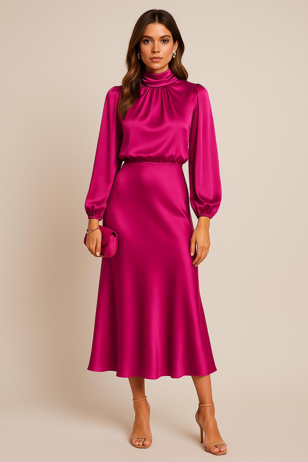 Damen Midikleid Halsausschnitt Hoch mit Ärmeln