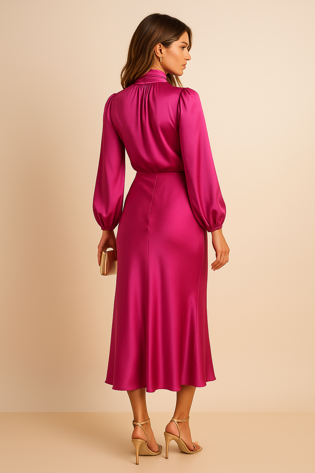 Damen Midikleid Halsausschnitt Hoch mit Ärmeln