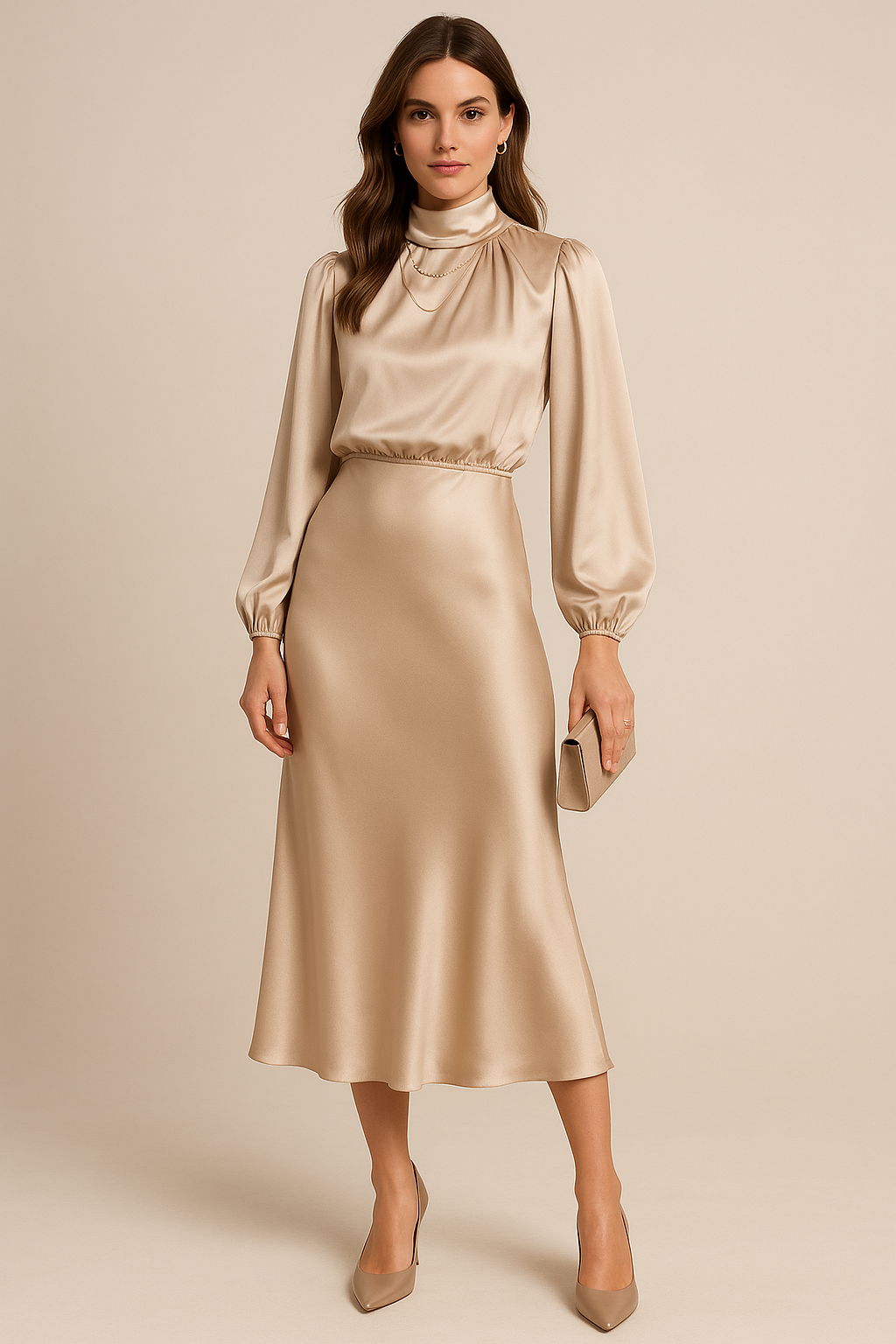 Damen Langarm Midikleid Hochhalter Schnitt - BerlinGlamour
