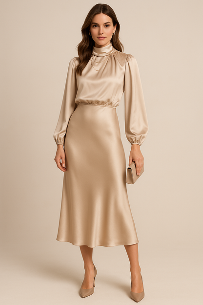 Damen Midikleid Halsausschnitt Hoch mit Ärmeln - BerlinGlamour