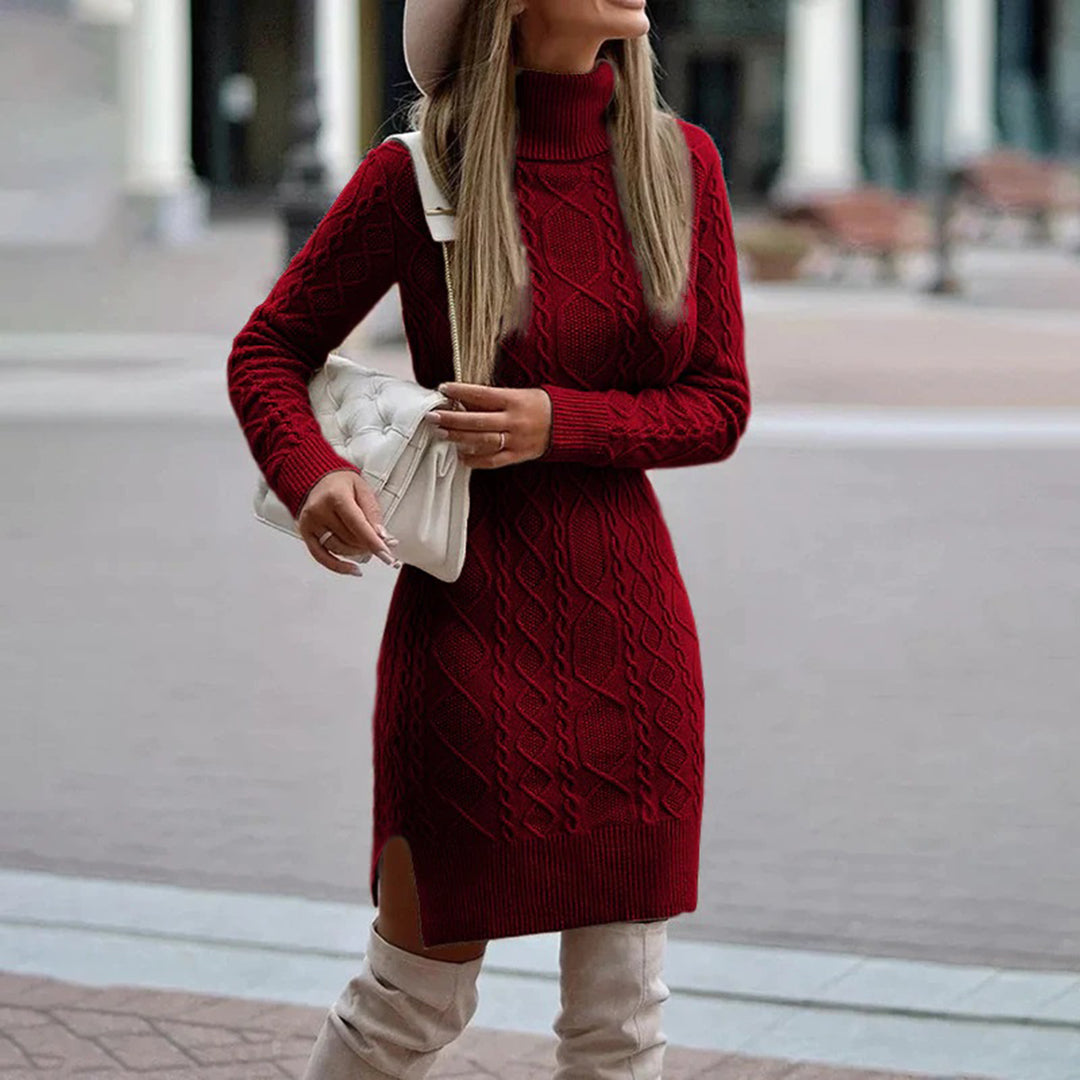 Strickkleid Rollkragen Zopfmuster Weich Warm - BerlinGlamour