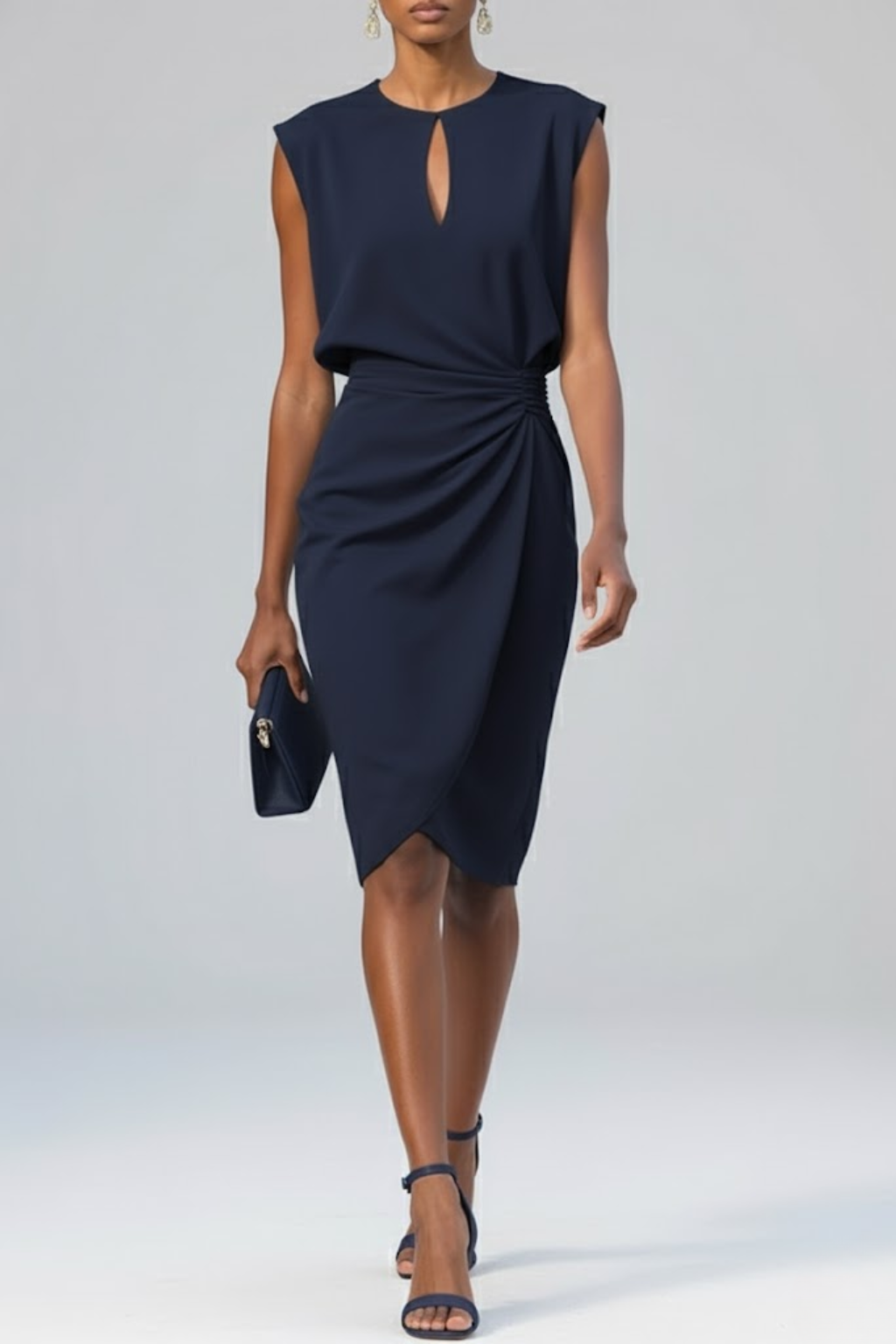 Damen Midi-Kleid mit V-Ausschnitt und Raffung Elegant