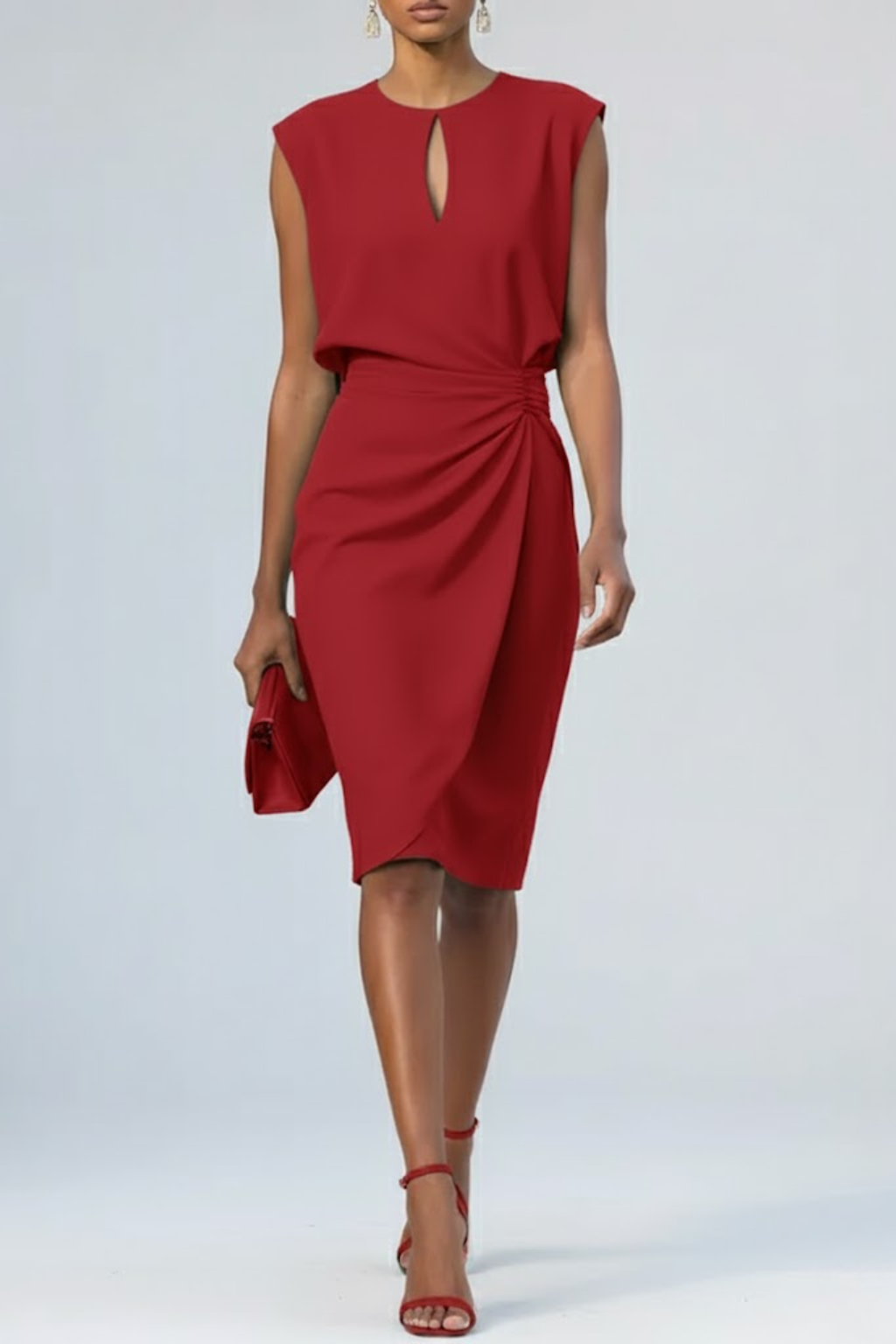 Damen Midi-Kleid mit V-Ausschnitt und Raffung Elegant