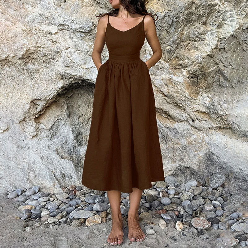 Damen Midikleid V-Ausschnitt Rückenausschnitt Sommerkleid