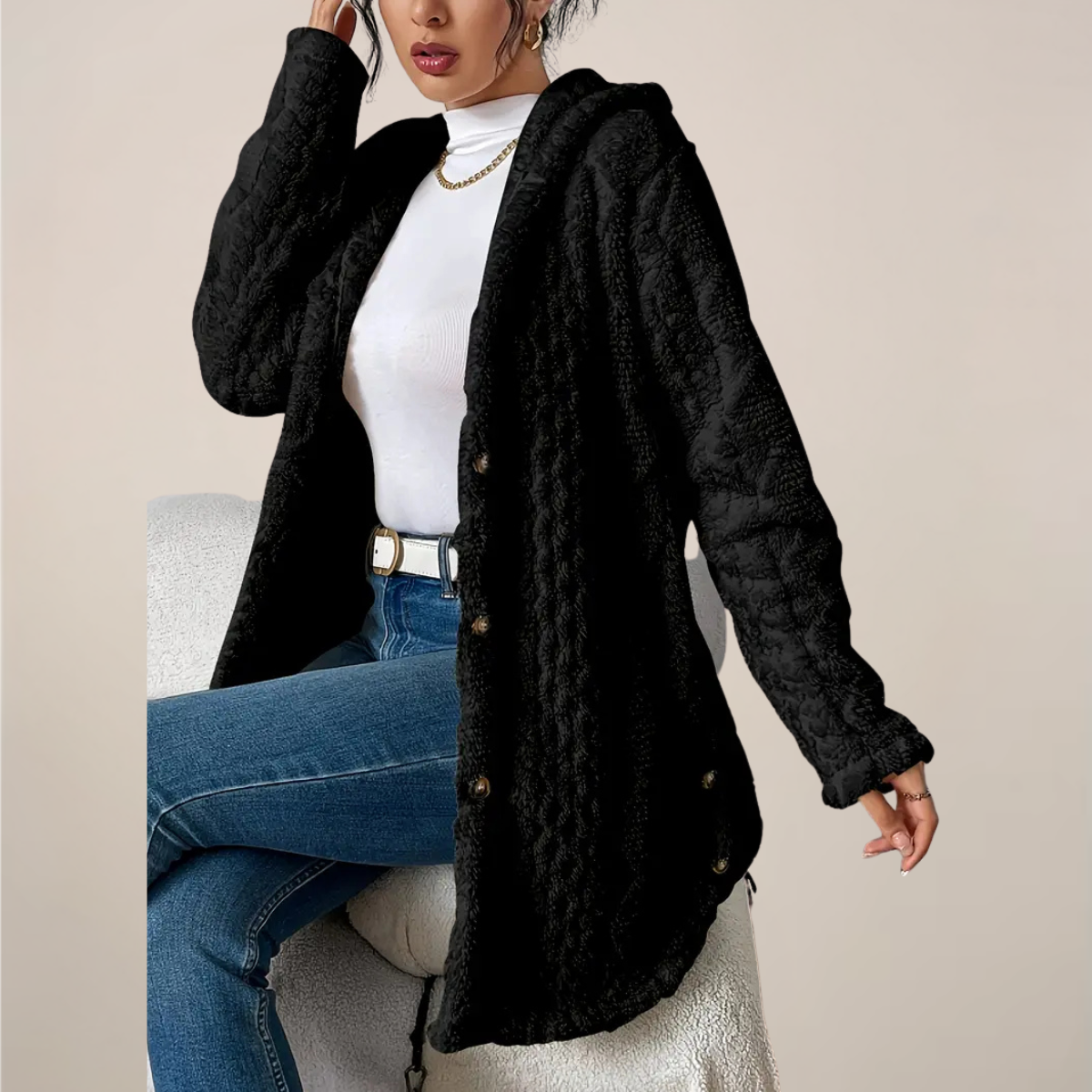Damen Kapuzenjacke Lang Strukturiert Winterjacke