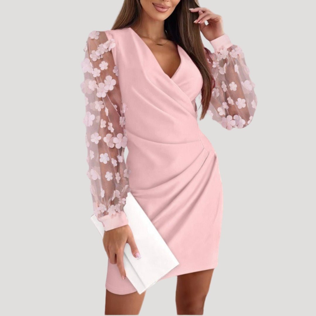Damen Mini-Kleid mit Durchsichtigen Ärmeln und tiefem V-Ausschnitt