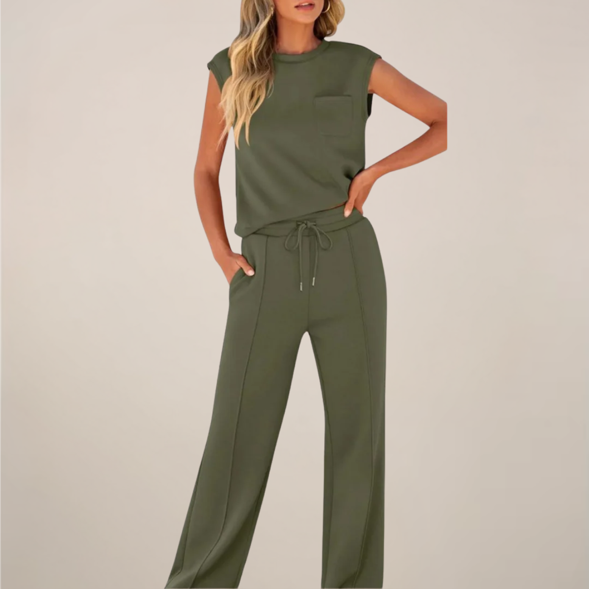 Damen Oberteil Hose Set Ärmellos mit Kordelzug