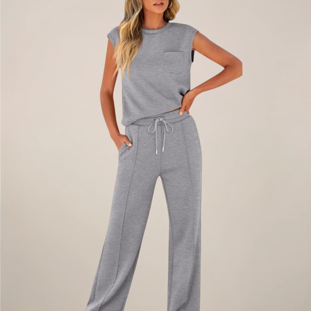 Damen Oberteil Hose Set Ärmellos mit Kordelzug