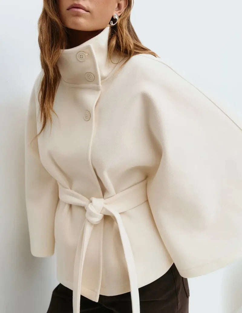 Damen Cape Mantel Frühjahr Stehkragen mit Gürtel