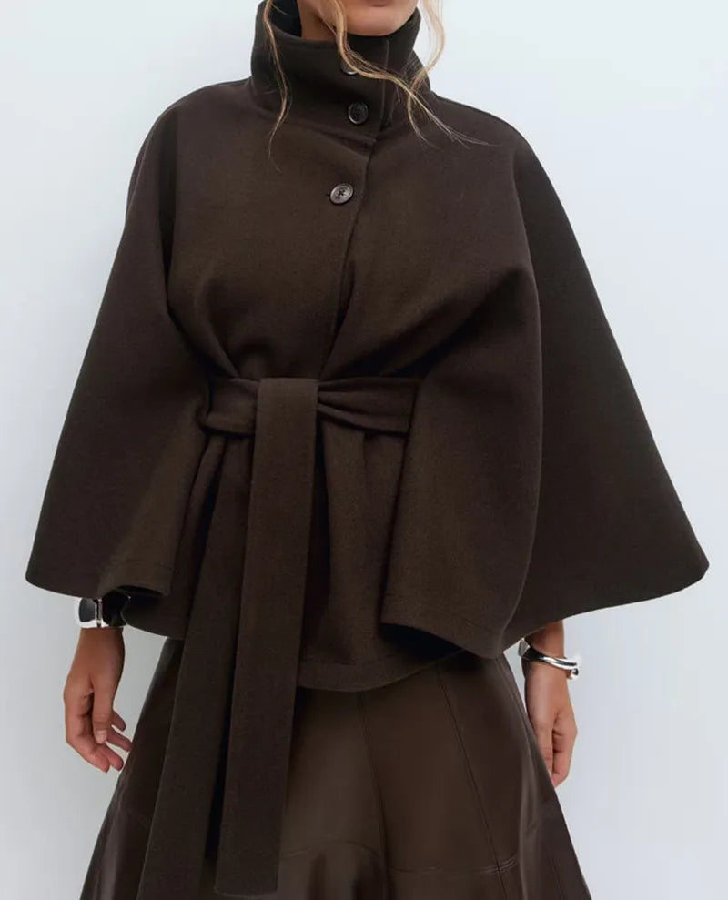 Damen Cape Mantel Frühjahr Stehkragen mit Gürtel