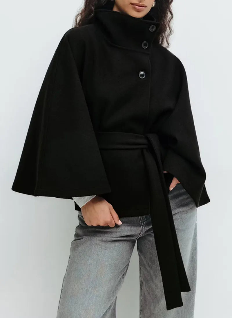 Damen Cape Mantel Frühjahr Stehkragen mit Gürtel