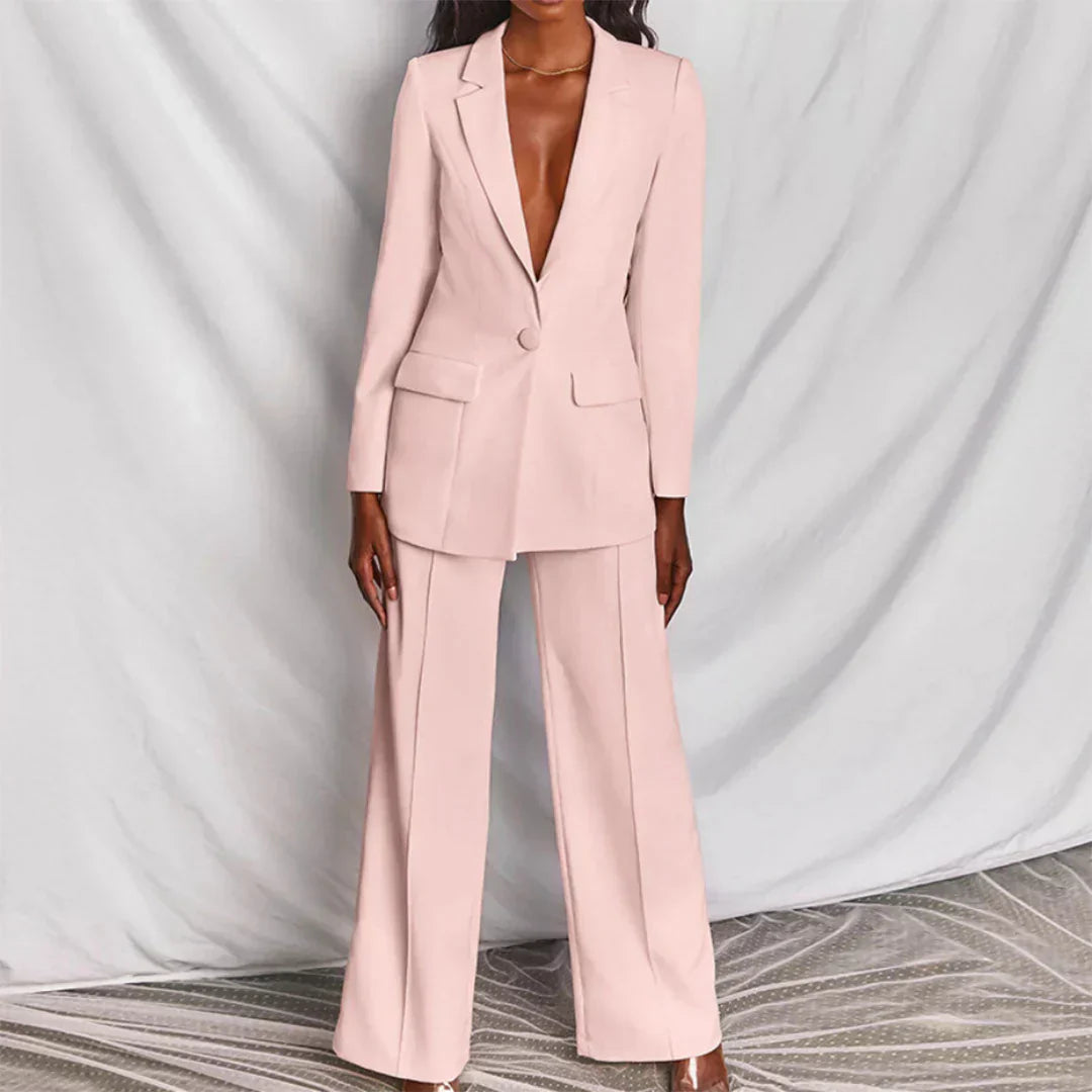 Damen Hosenanzug Langbein Blazer Strukturiert Modern