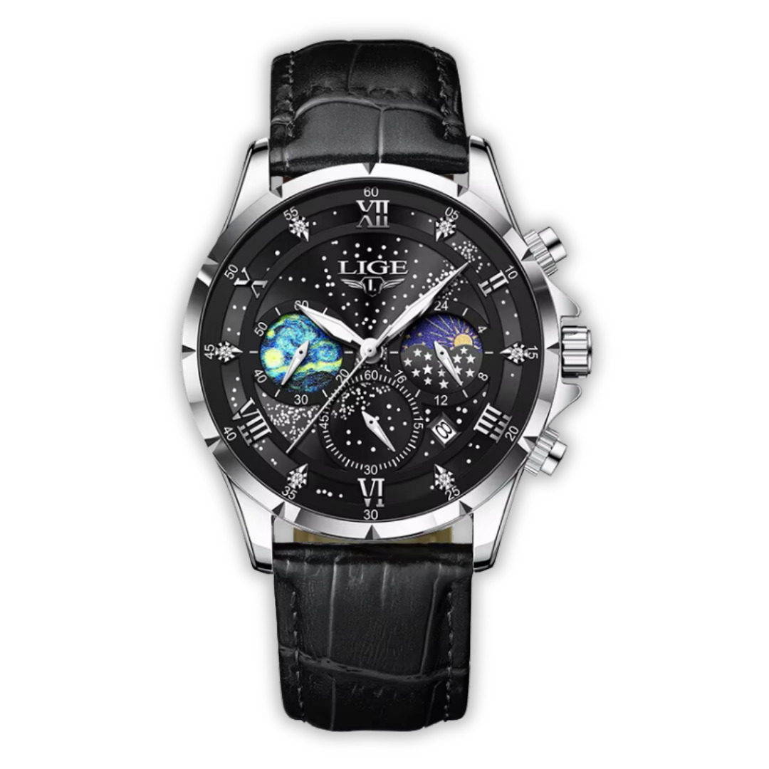 Herren Armbanduhr Mondphase Edelstahl Schwarz