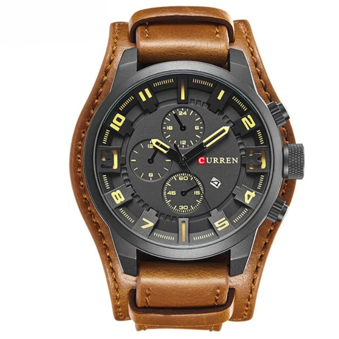 Herren Armbanduhr Chronograph Leder Schwarz Elegent