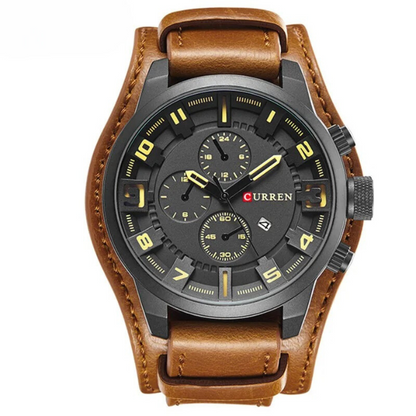 Herren Armbanduhr Chronograph Leder Schwarz Elegent