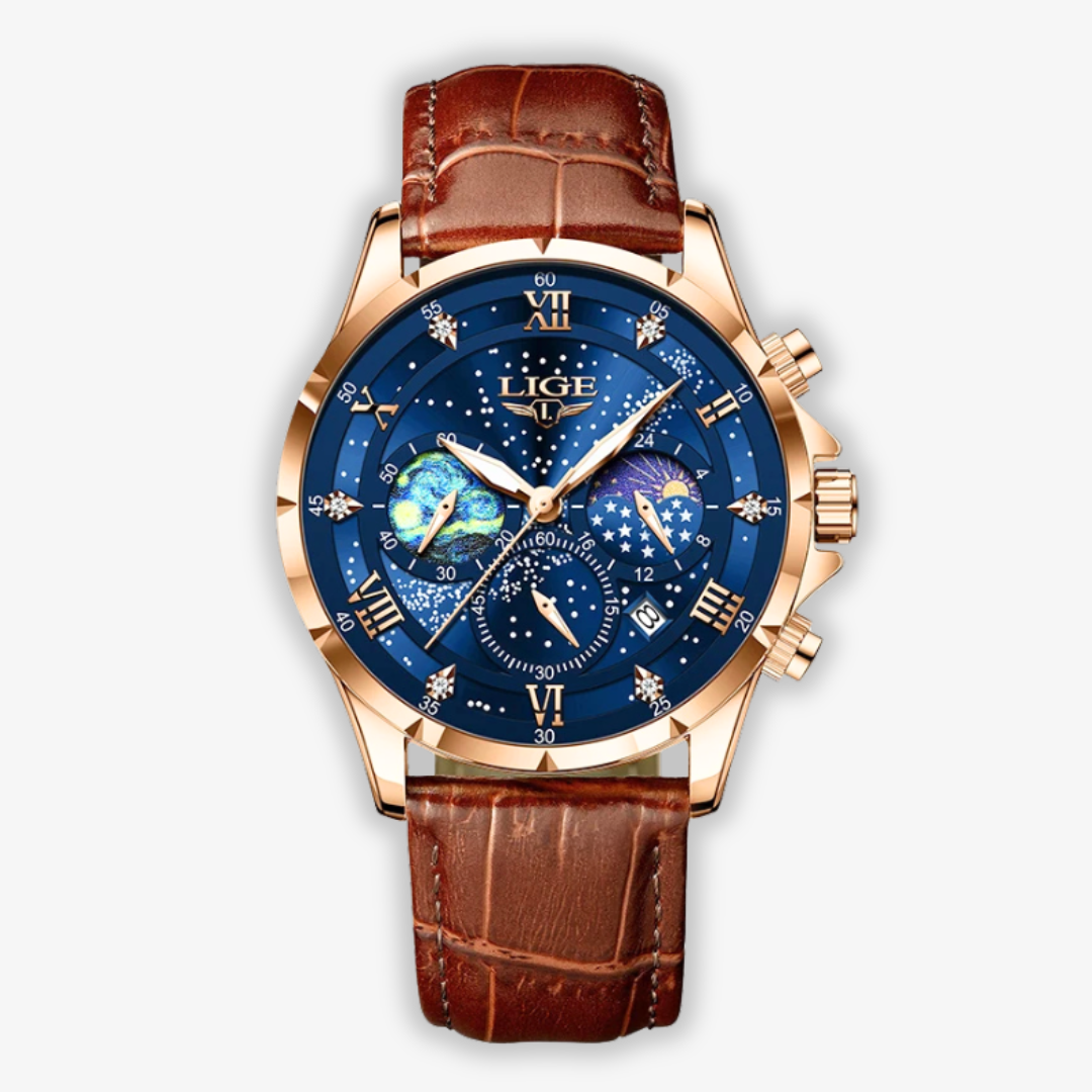 Herren Armbanduhr Mondphase Edelstahl Schwarz