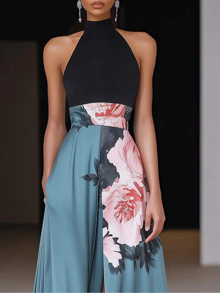 Damen Maxikleid Blumenmuster Ärmellos Sommerkleid