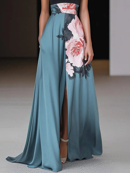 Damen Maxikleid Blumenmuster Ärmellos Sommerkleid