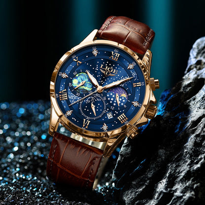 Herren Armbanduhr Mondphasen Edelstahl Elegant