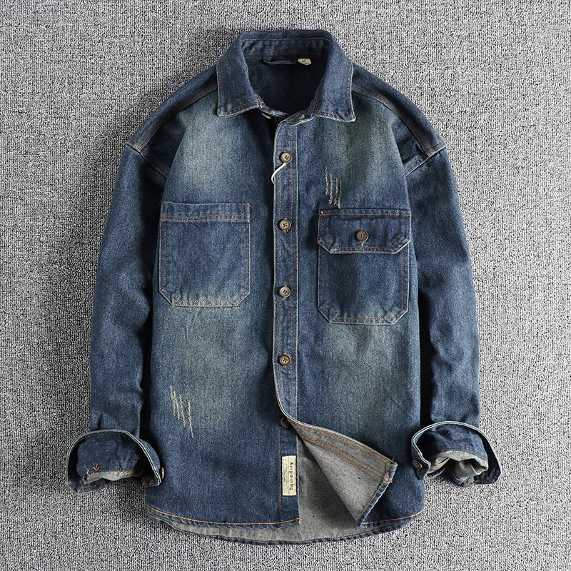 Herren Hemd Used Look Jeans Blau