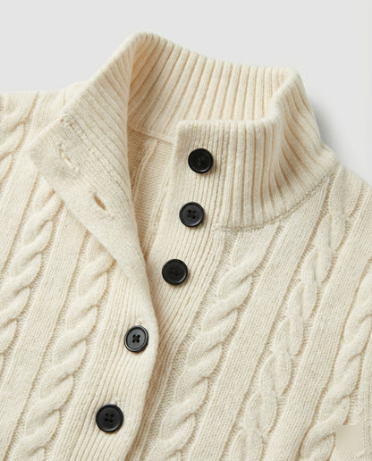 Damen Strickjacke Weiß mit Stehkragen und Zopfmuster