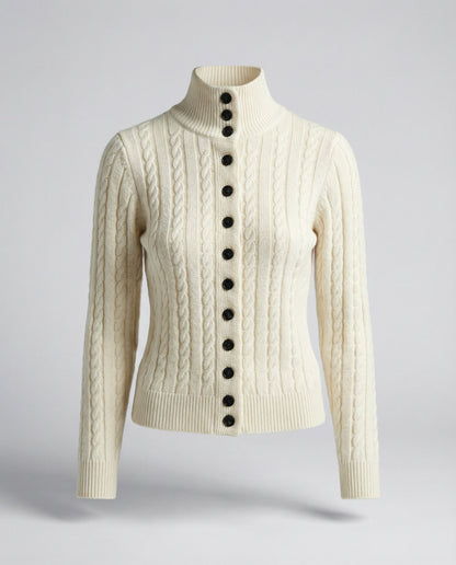 Damen Strickjacke Weiß mit Stehkragen und Zopfmuster