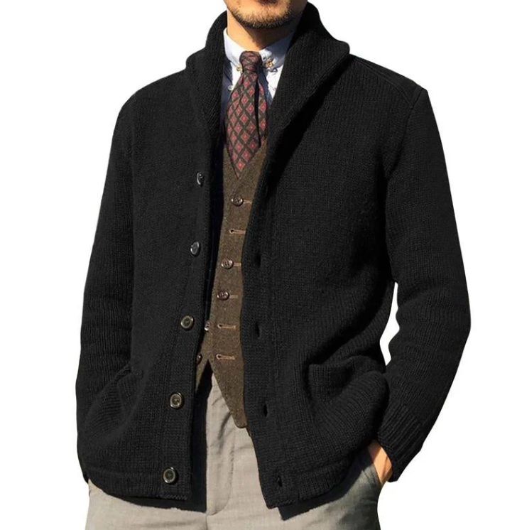 Herren Jacke Klassisch Gestrickt mit Knöpfen Schwarz