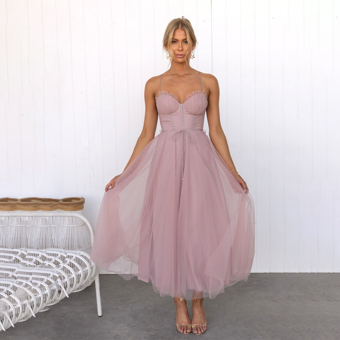 Langes Maxikleid Schulterfrei Sommerkleid Netzkleid