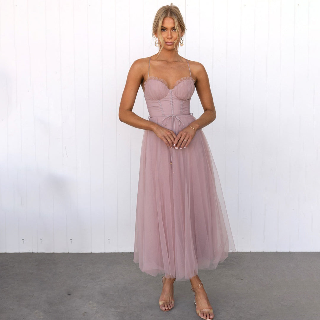Langes Maxikleid Schulterfrei Sommerkleid Netzkleid