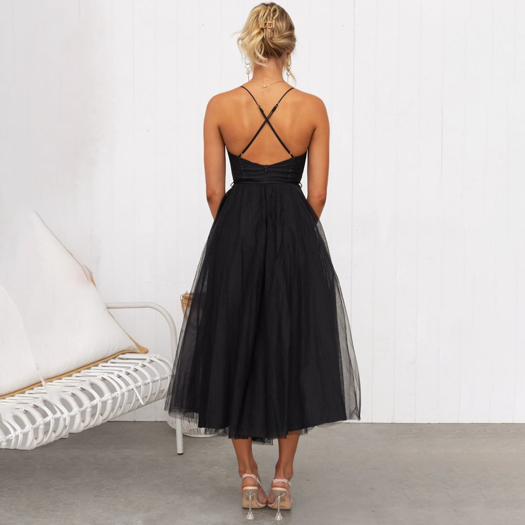 Langes Maxikleid Schulterfrei Sommerkleid Netzkleid